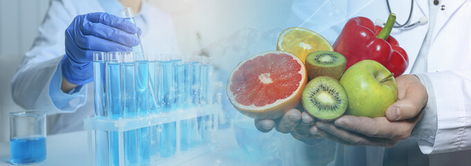 Food quality analysis. Laboratory worker taking test tube, double exposure with man holding fresh fruits and vegetable