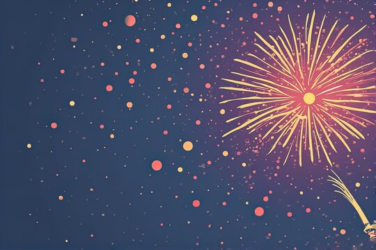 A vibrant, stylized illustration of a firework bursting with golden and pink sparks against a deep blue night sky, surrounded by scattered colorful dots for a festive, celebratory effect.