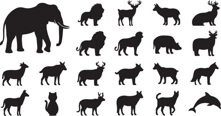 Wild Animal Silhouettes Vector Set: Elephant, Lion, Deer, and Diverse Wildlife Collection