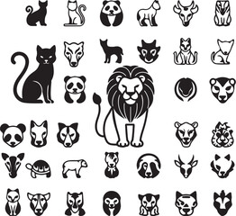 Wild Animal Icon Set Vector &ndash; Silhouette and Line Art Collection of Lion, Cat, Panda, Wolf, Tiger, and Fox Faces