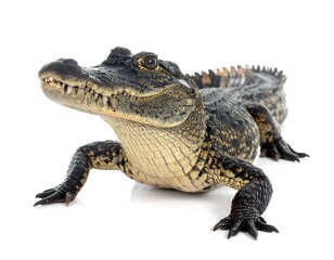 Naklejka premium A frontal studio shot of a young reptile with a long body, sharp teeth, and textured skin, isolated on a white background