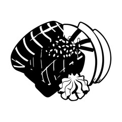Artistic Black and White Illustration of Sushi Roll with Garnish and Slices.