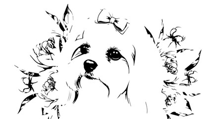 Artistic Black and White Shih Tzu Dog Portrait with Floral Accents and Bow.