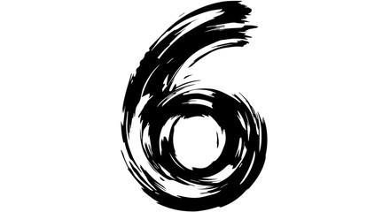Artistic Black Brushstroke Number Six with Textured, Swirling Strokes on White.