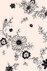 Elegant black and white floral line art with daisies and delicate vines on a soft beige background — classic, romantic, and perfect for vintage or minimalist design themes.