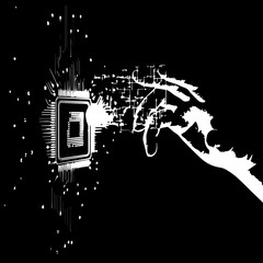 Artistic Illustration of a Hand Interacting with a Computer Processor Chip.