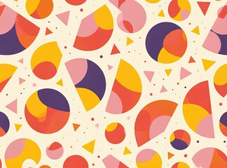 Playful, retro-inspired pattern with overlapping circles, half-circles, and triangles in bold orange, pink, purple, and cream — cheerful, energetic, and perfect for creative or festive designs.