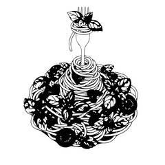 Artistic Illustration of Spaghetti Pasta with Basil Leaves on Fork, Monochrome Style.