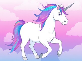 A magical white unicorn with a vibrant rainbow mane and tail trots gracefully against a dreamy pink and purple sky — whimsical, enchanting, and perfect for fantasy or children’s themes.