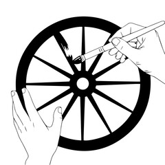 Artistic Rendering of a Black Wagon Wheel Being Painted with Brush.