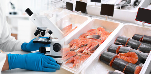 Food quality analysis. Laboratory worker using microscope, double exposure with fresh fish on...