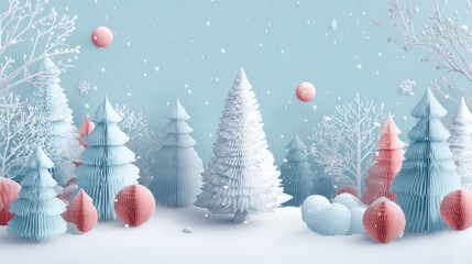 papercraft winter forest with falling snow,