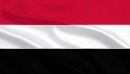 Yemen national flag with horizontal red, white, and black stripes—symbolizing sacrifice, hope, and national unity.