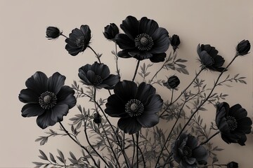 A striking arrangement of black paper poppies with delicate, textured petals and stems, set against a soft beige background — elegant, dramatic, and artistic.