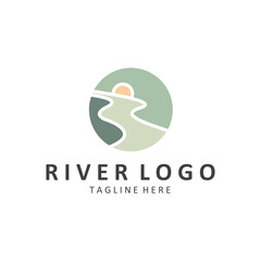 Logos rivers, riverbanks and streams. River logo with combination of mountains, farmland, sunrise with vector concept design