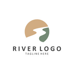 Logos rivers, riverbanks and streams. River logo with combination of mountains, farmland, sunrise with vector concept design