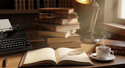 Vintage Writing Desk with Typewriter, Open Book, and Tea A Writer's Sanctuary for Creative Inspiration