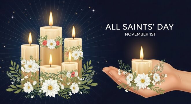 All saints day memorial with lit candles and flowers on a dark background - Powered by Adobe