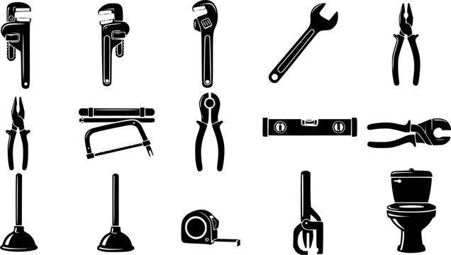 Plumbing tools silhouette, Plumbers equipment silhouettes set