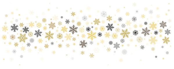 Christmas snowflakes frame. Winter gold snow falling minimal border, greeting card. Noel subtle background. Vector illustration