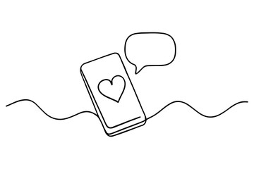 Obraz premium Continuous Line Drawing of Smartphone with Heart and Speech Bubble, Elegant Black and White Illustration Symbolizing Love and Connection