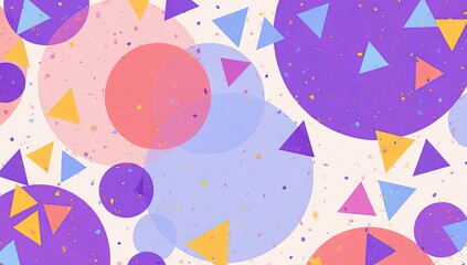 Fototapeta premium A vibrant, abstract pattern of overlapping circles and triangles in shades of purple, pink, blue, and yellow on a white background, creating a playful, festive feel.