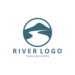 Logos rivers, riverbanks and streams. River logo with combination of mountains, farmland, sunrise with vector concept design