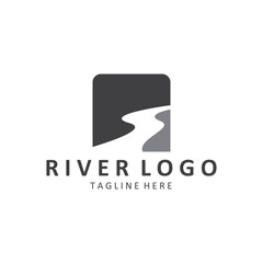 Logos rivers, riverbanks and streams. River logo with combination of mountains, farmland, sunrise with vector concept design