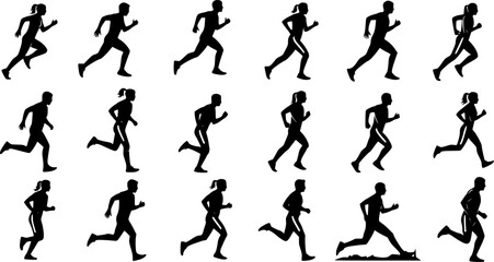 Running people silhouettes collection, Running man and woman silhouettes set