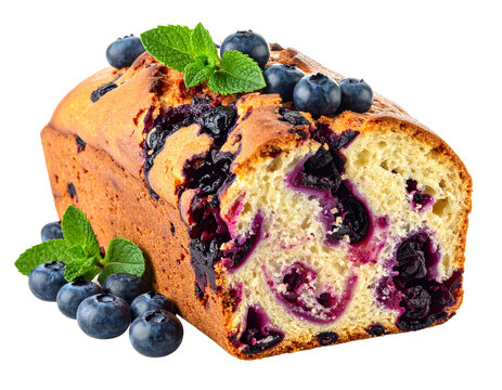 Blueberry bread loaf sliced, baked dessert, isolated on white background.