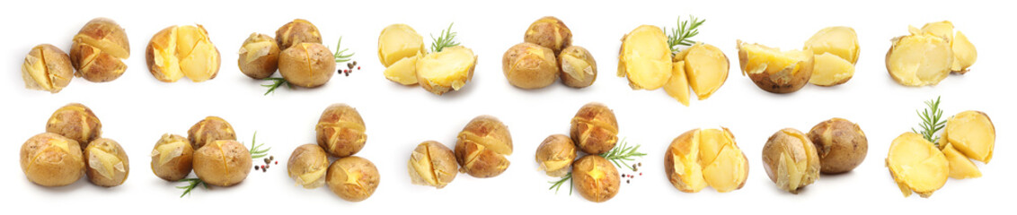 Tasty baked potatoes on white background, collage