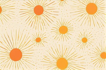 A cheerful, retro-style pattern of orange suns with radiating rays on a light cream background, creating a warm, vintage summer vibe.