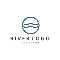 Logos rivers, riverbanks and streams. River logo with combination of mountains, farmland, sunrise with vector concept design