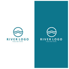 Logos rivers, riverbanks and streams. River logo with combination of mountains, farmland, sunrise with vector concept design