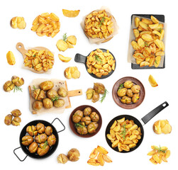 Tasty baked potatoes on white background, collage