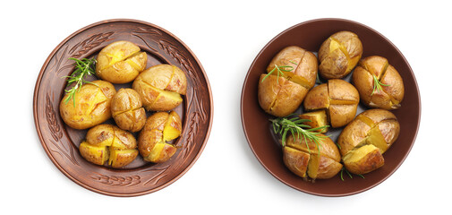 Tasty baked potatoes in bowls on white background, top view