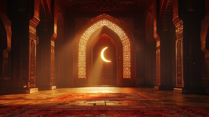 Obraz premium Opulent Mosque Interior Illuminated by Crescent Moon Symbolizing Hope and Faith Warm Glowing Light Shining Through Ornate Architecture Details