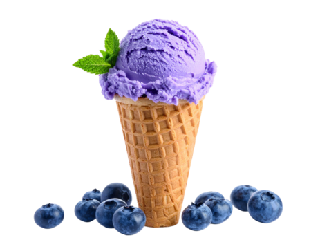 Blueberry ice cream cone with two scoops, isolated on white.