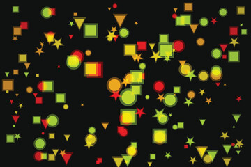 Colorful Geometric Shapes Scattered on Black Background Abstract Design Element
