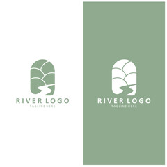 Logos rivers, riverbanks and streams. River logo with combination of mountains, farmland, sunrise with vector concept design