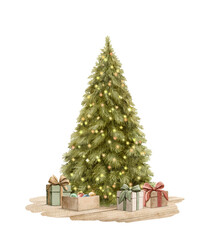 Watercolor cartoon cute composition with vintage green classic Christmas tree and boxes of Christmas gifts presents isolated on white background. Hand drawn illustration sketch
