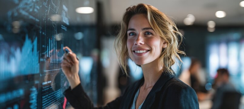 Businesswoman Presenting Data on Digital Whiteboard in Modern Office - Powered by Adobe