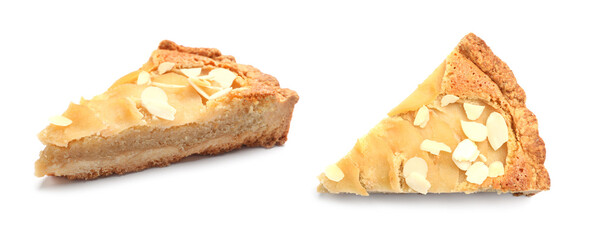 Slice of pear tart with almond flakes isolated on white, collage. Top and side view