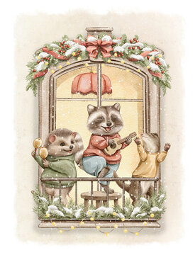 Vintage cartoon Christmas composition with animals hedgehog, raccoon, and ferret in clothes characters dancing on balcony, viewed from window frame. Watercolor hand drawn illustration sketch