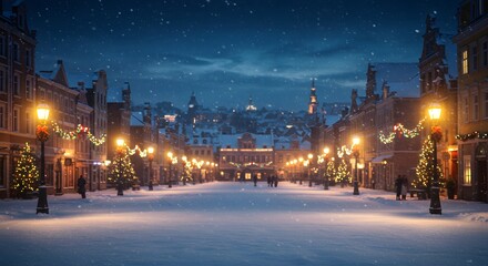 Christmas Town at Dusk - Festive Winter Scene with Snow and Decorations