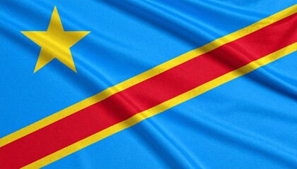 Democratic Republic of the Congo national flag with sky blue field, yellow star, and red diagonal stripe bordered by yellow&mdash;symbolizing peace, hope, and sacrifice.