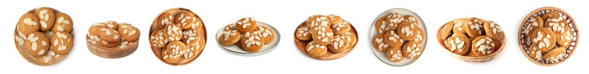 Tasty cookies with almond flakes isolated on white, collage. Top and side view