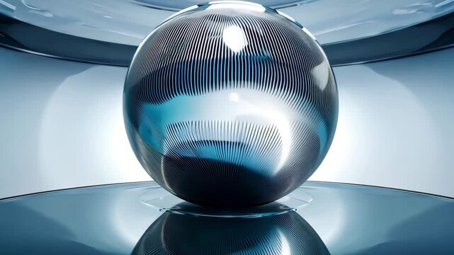 A futuristic orb with indented wave textures floats reflective mirror floor, surreal reflections ripple liquid glass. Camera slowly rotates around it, emphasizing symmetry, depth, and elegance