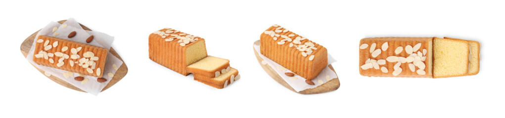 Delicious cake with almond flakes isolated on white, set