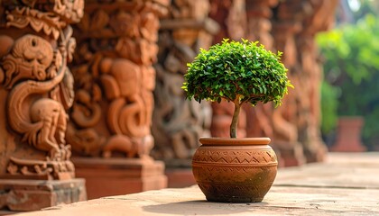 Ornamental Plant in Terracotta Pot, Ancient Architecture Background.